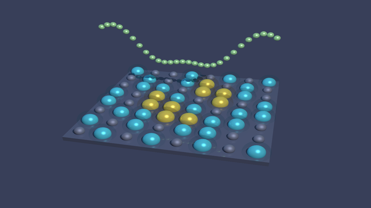 Lattice Monte Carlo simulation showing occupied (cyan/gold) and empty sites